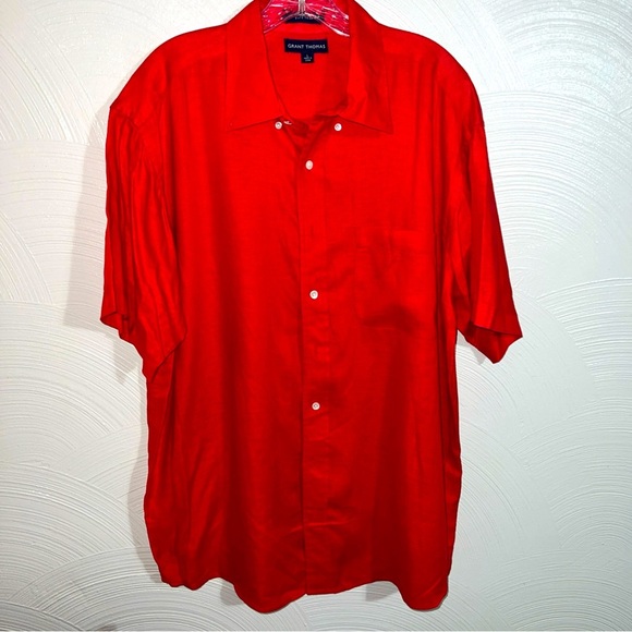 Grant Thomas Red Men’s 100% Linen Size Large Short Sleeve Oxford - Picture 1 of 7